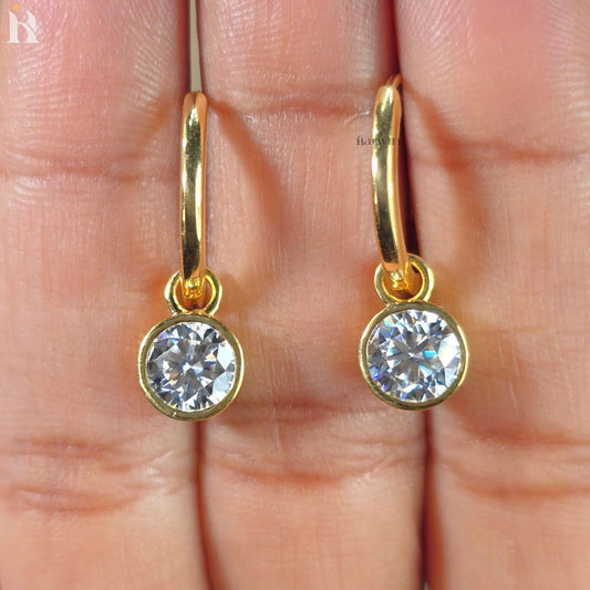 Round Cut Bezel Set Earrings, 14K Solid Gold Moissanite Diamond Dangle Hoop Earrings