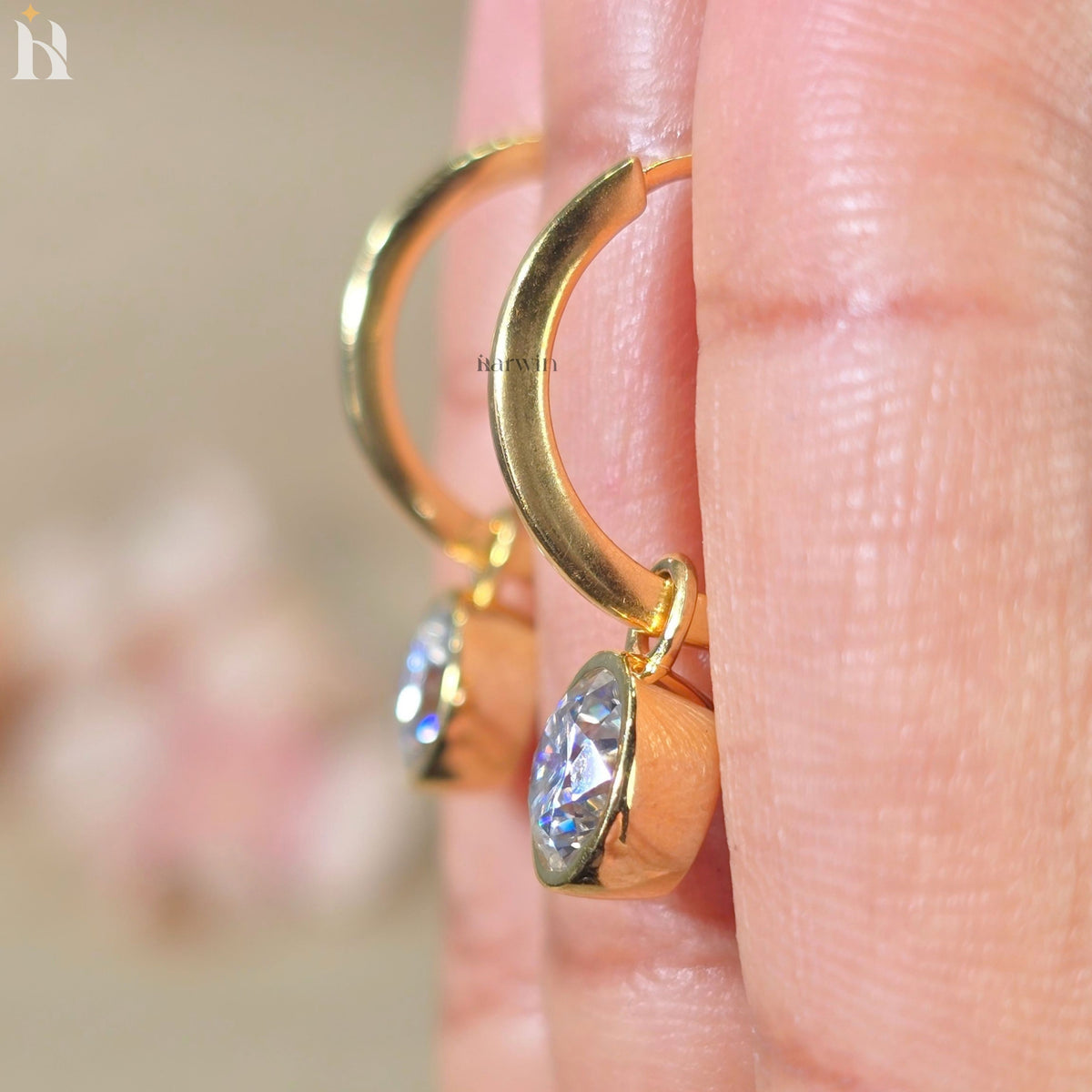 Round Cut Bezel Set Earrings, 14K Solid Gold Moissanite Diamond Dangle Hoop Earrings