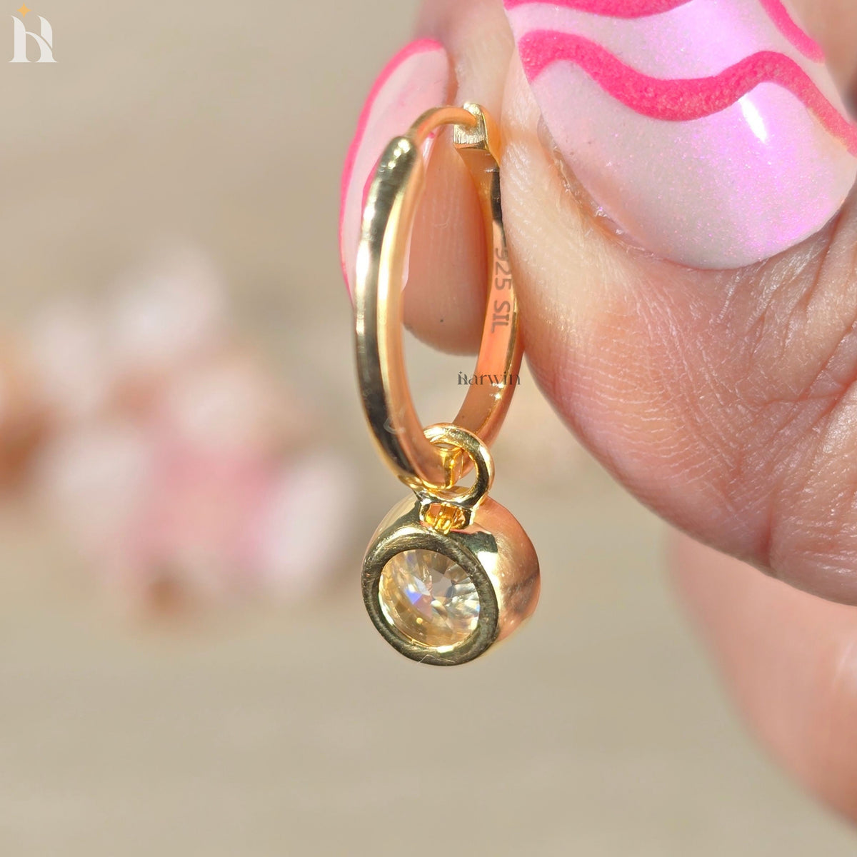 Round Cut Bezel Set Earrings, 14K Solid Gold Moissanite Diamond Dangle Hoop Earrings