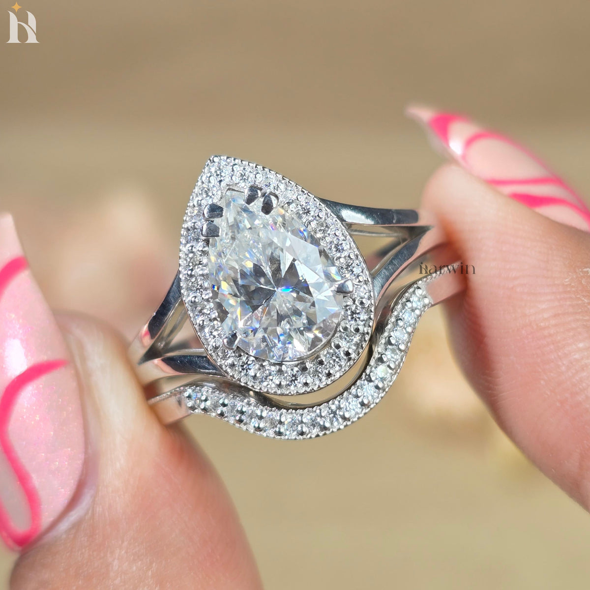 2 CT Pear Cut Moissanite Engagement Ring, Round Halo, Split U Pave Band, Unique Bridal Ring