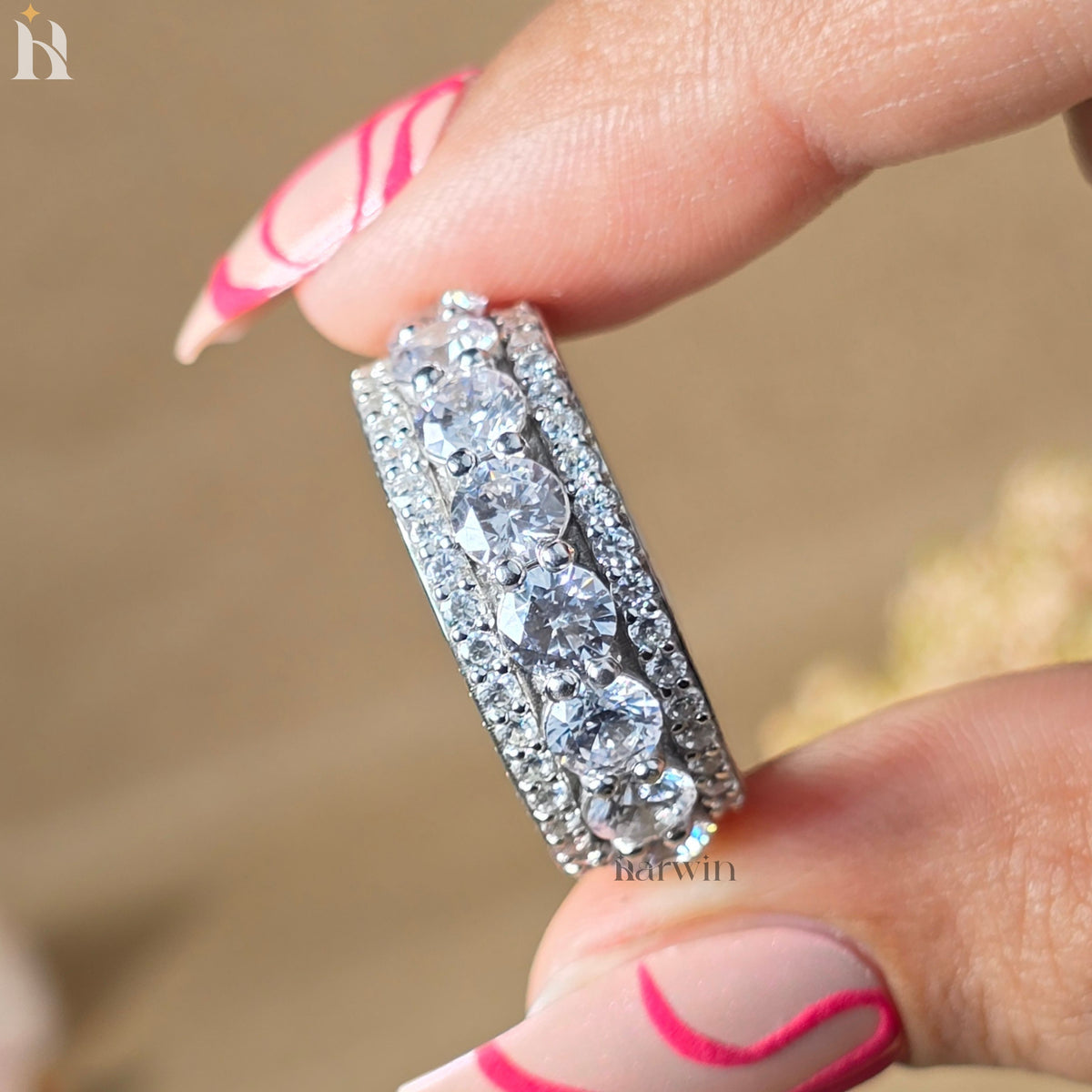 Round Cut Pave Eternity Band, Triple Row Diamond Ring, 4MM Moissanite Wedding Band