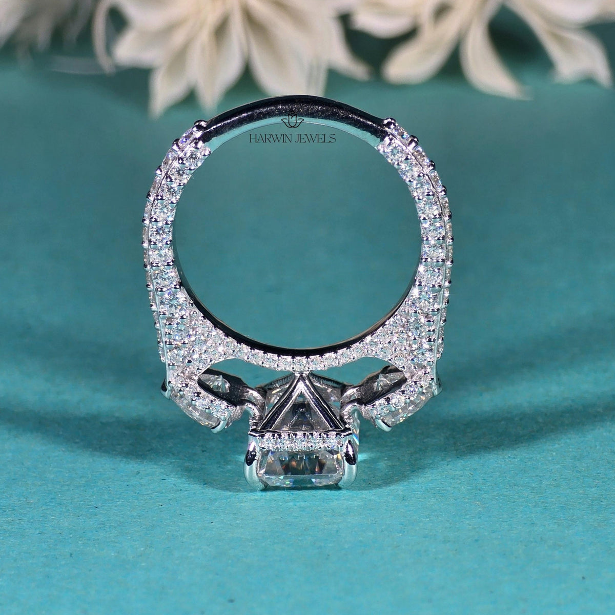 4.50 CT Radiant Cut Side Stone Heart Moissanite Three Stone Ring, Pave Setting Band