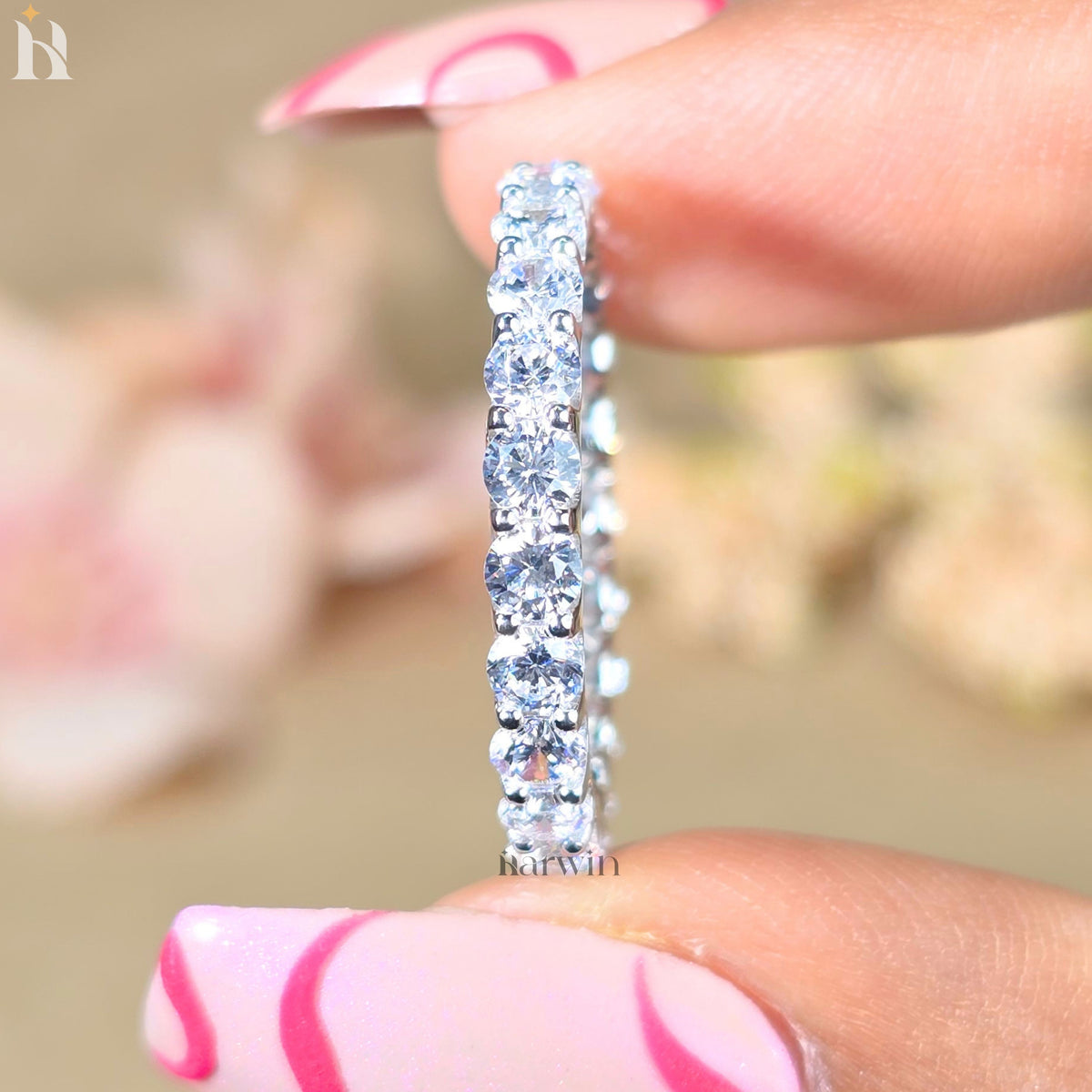 3MM Round Moissanite Prong Wedding Band, 14K White Gold Full Eternity Band