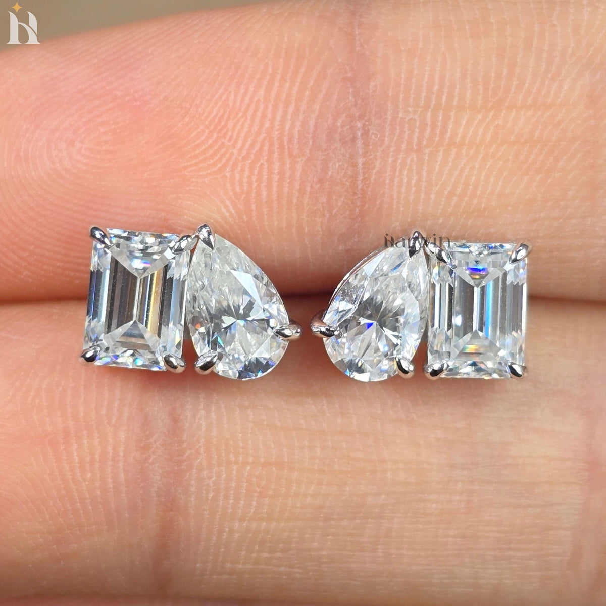Emerald & Pear Cut Toi et Moi Stud Earrings, Screw Back Minimalist Two Stone Earrings