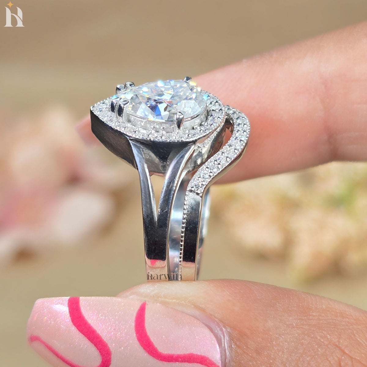 2 CT Pear Cut Moissanite Engagement Ring, Round Halo, Split U Pave Band, Unique Bridal Ring