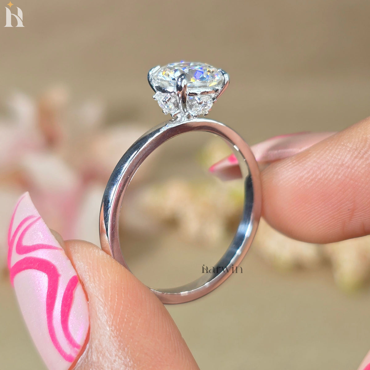 2CT Moissanite Solitaire Ring 14K Gold Hidden Halo Engagement Ring Wedding Promise Anniversary Gift for Women