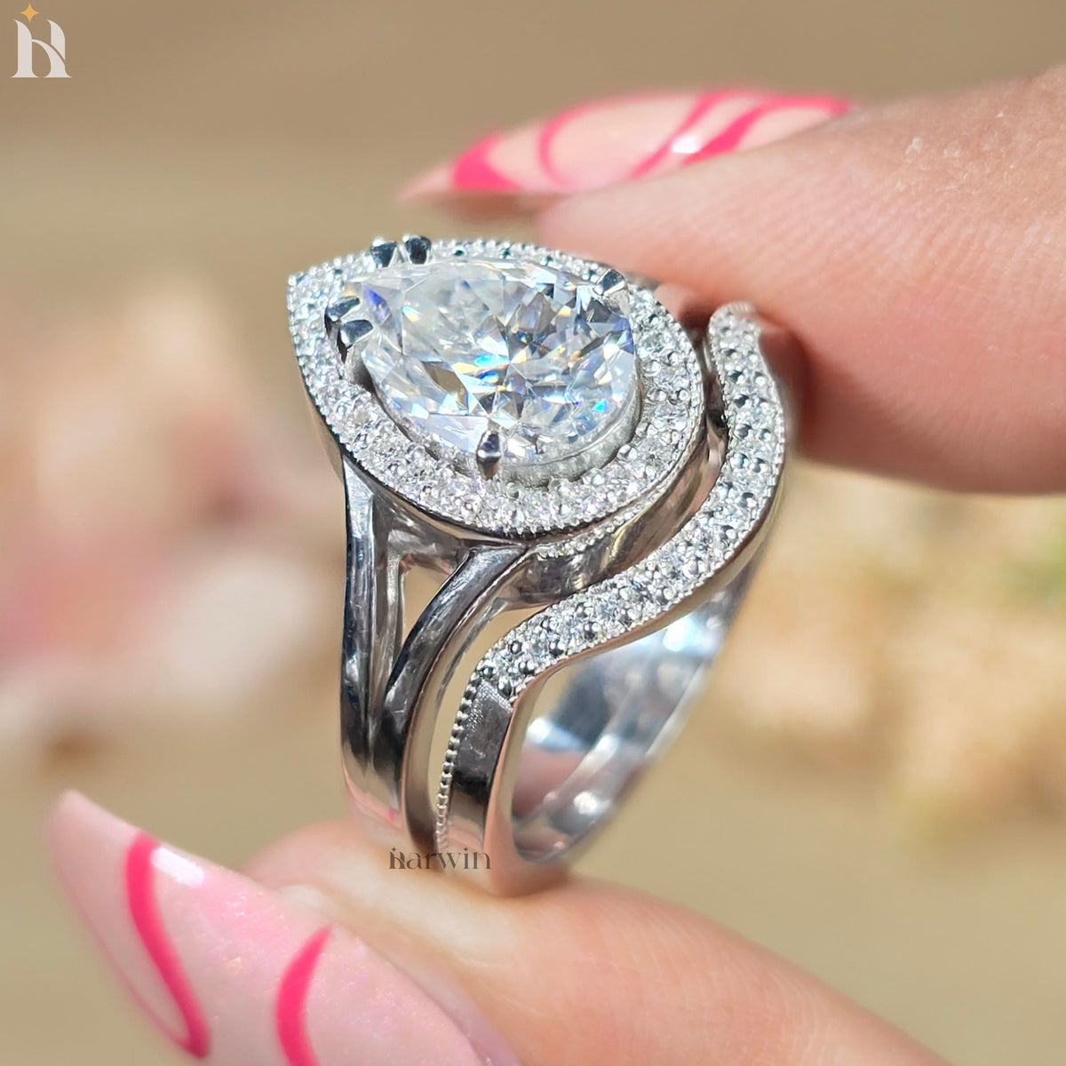 2 CT Pear Cut Moissanite Engagement Ring, Round Halo, Split U Pave Band, Unique Bridal Ring