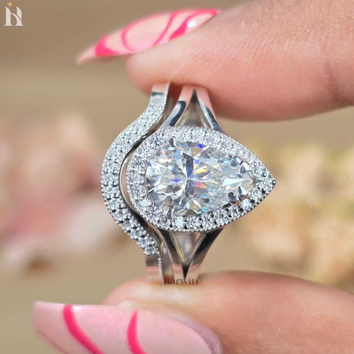 2 CT Pear Cut Moissanite Engagement Ring, Round Halo, Split U Pave Band, Unique Bridal Ring