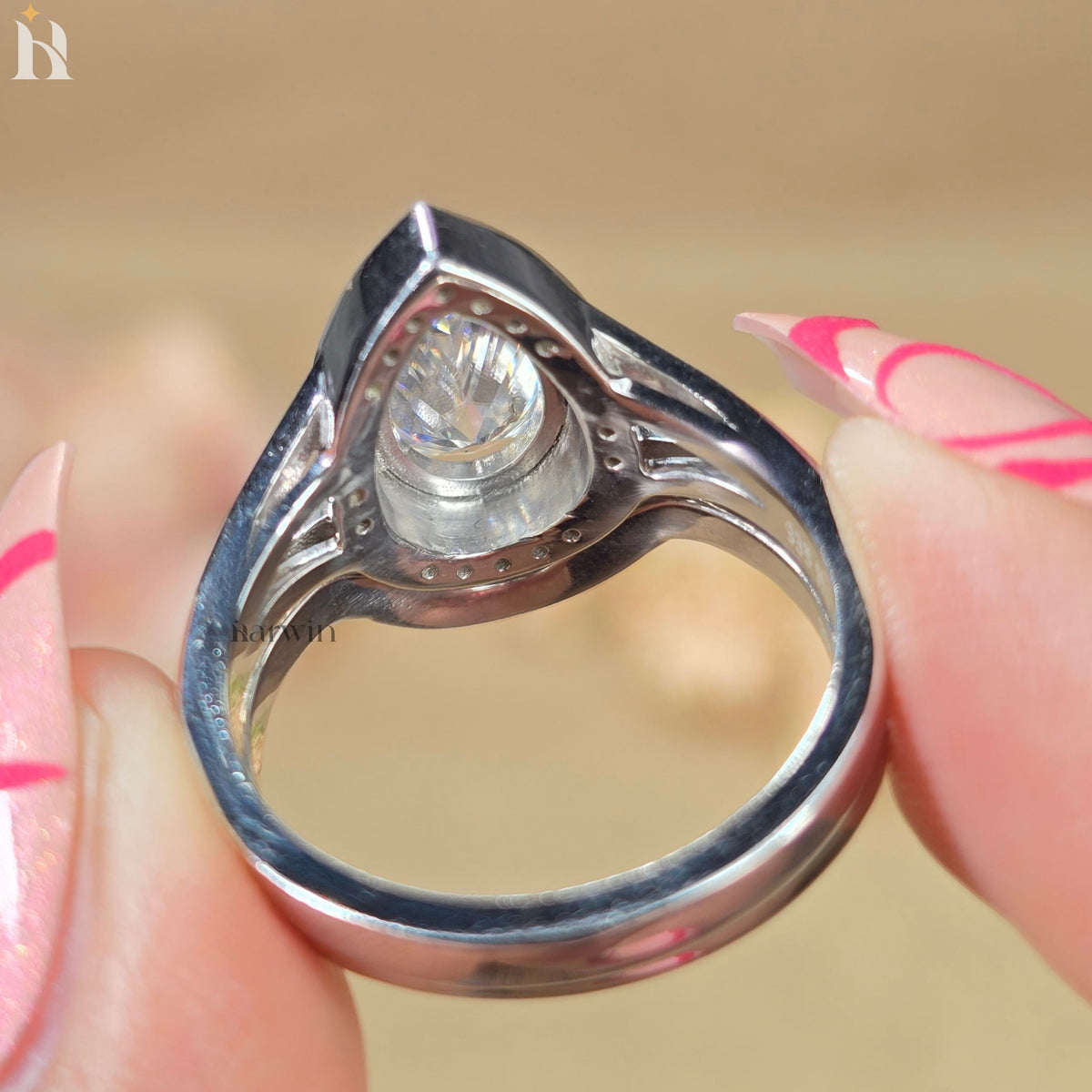2 CT Pear Cut Moissanite Engagement Ring, Round Halo, Split U Pave Band, Unique Bridal Ring