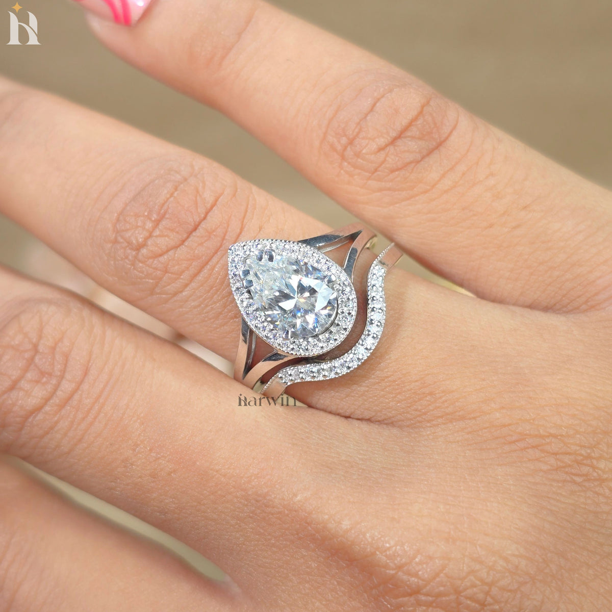 2 CT Pear Cut Moissanite Engagement Ring, Round Halo, Split U Pave Band, Unique Bridal Ring