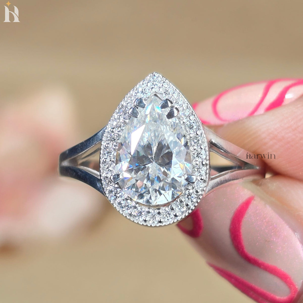 Pear Cut Moissanite Halo Ring, Split Shank Bridal Jewelry, Engagement, Anniversary Gift, Statement Ring, Modern Designer, Daily Wear