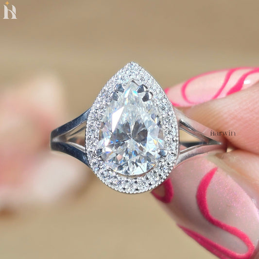 Pear Cut Moissanite Halo Ring, Split Shank Bridal Jewelry, Engagement, Anniversary Gift, Statement Ring, Modern Designer, Daily Wear