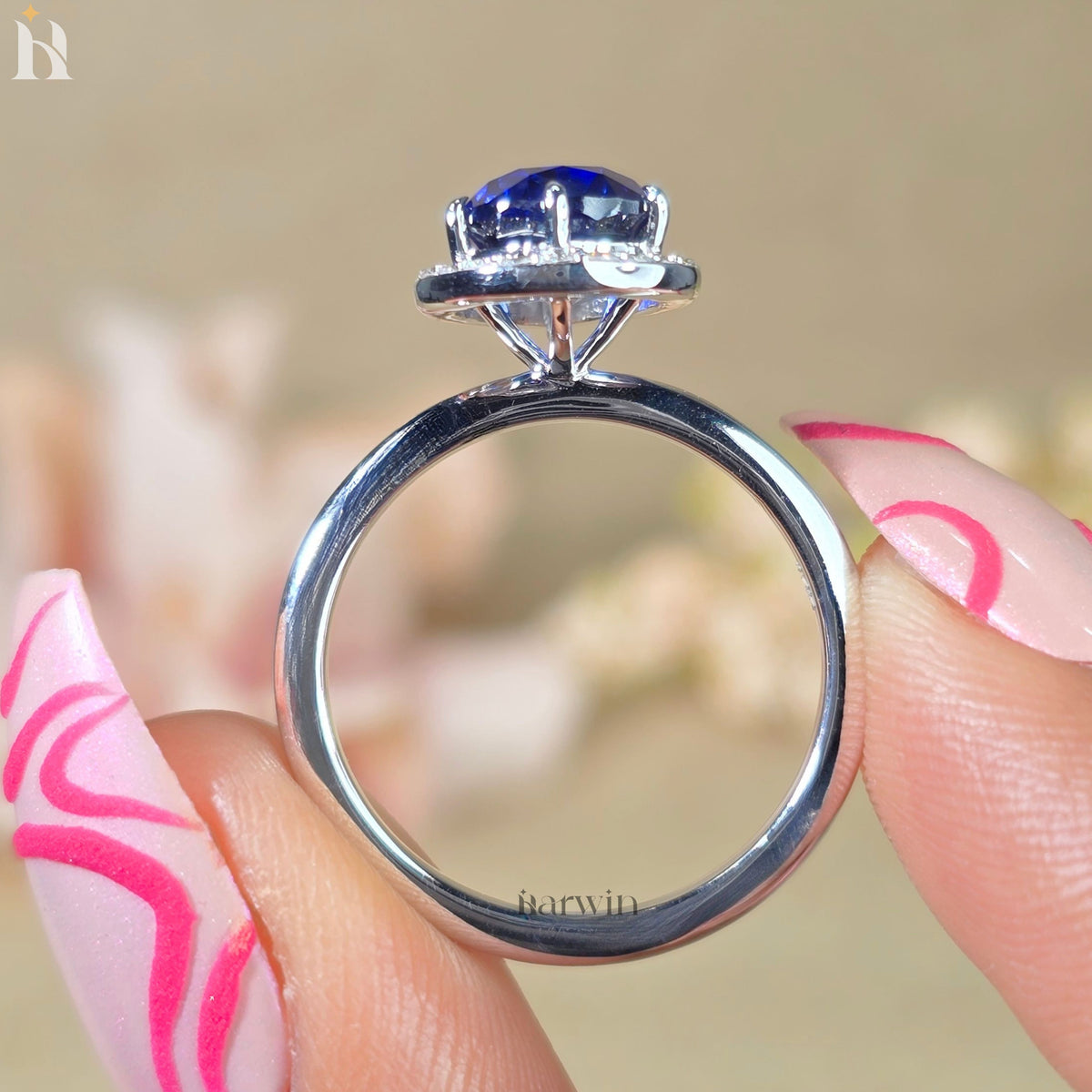 3CT Pear Lab Grown Blue Gemstone Engagement Ring, Halo Setting 14k White Gold Ring