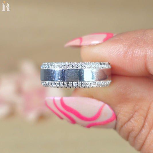 Men's Round Wedding Band Unisex Band Engagement Ring Two Sided Pave Diamond