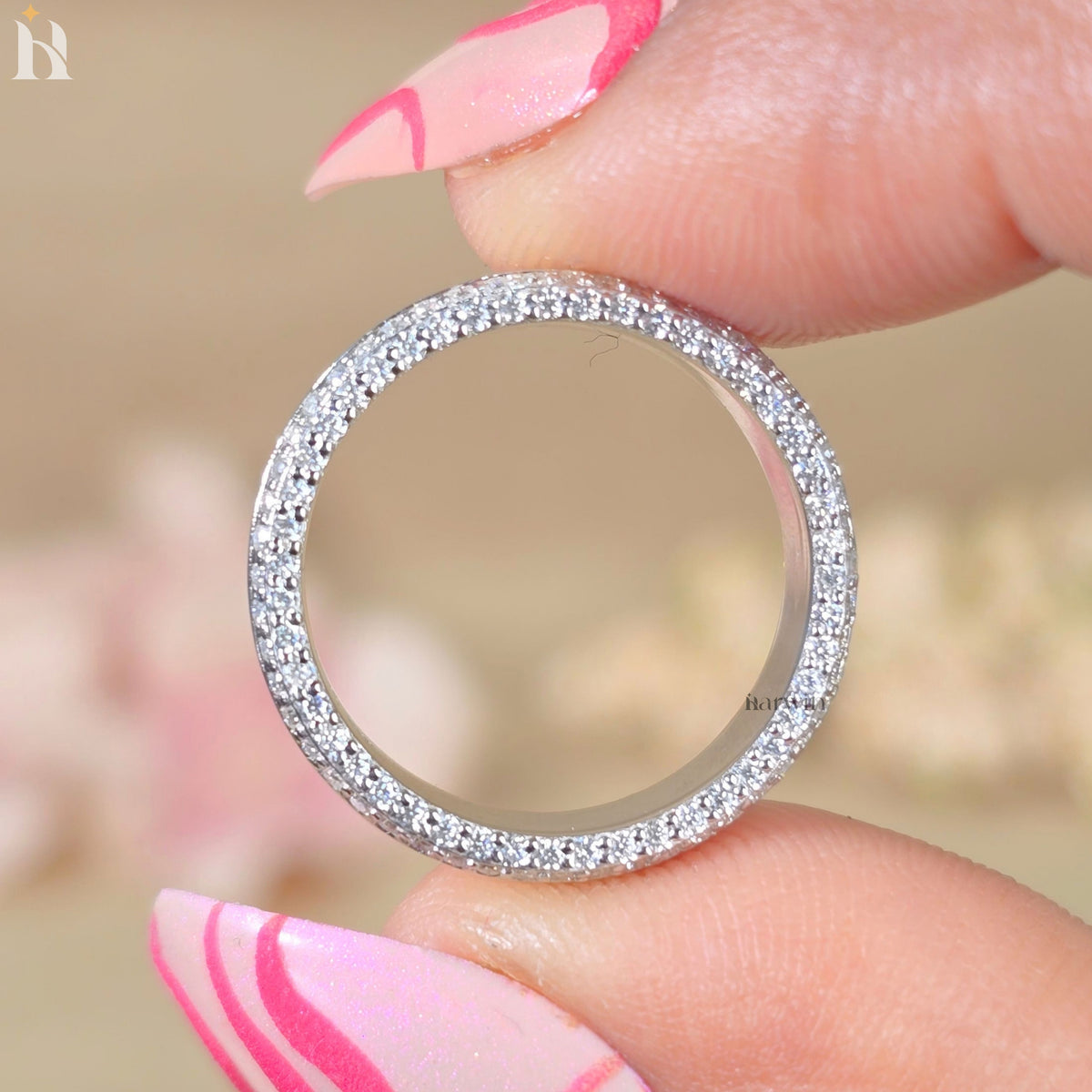 Men's Round Wedding Band Unisex Band Engagement Ring Two Sided Pave Diamond