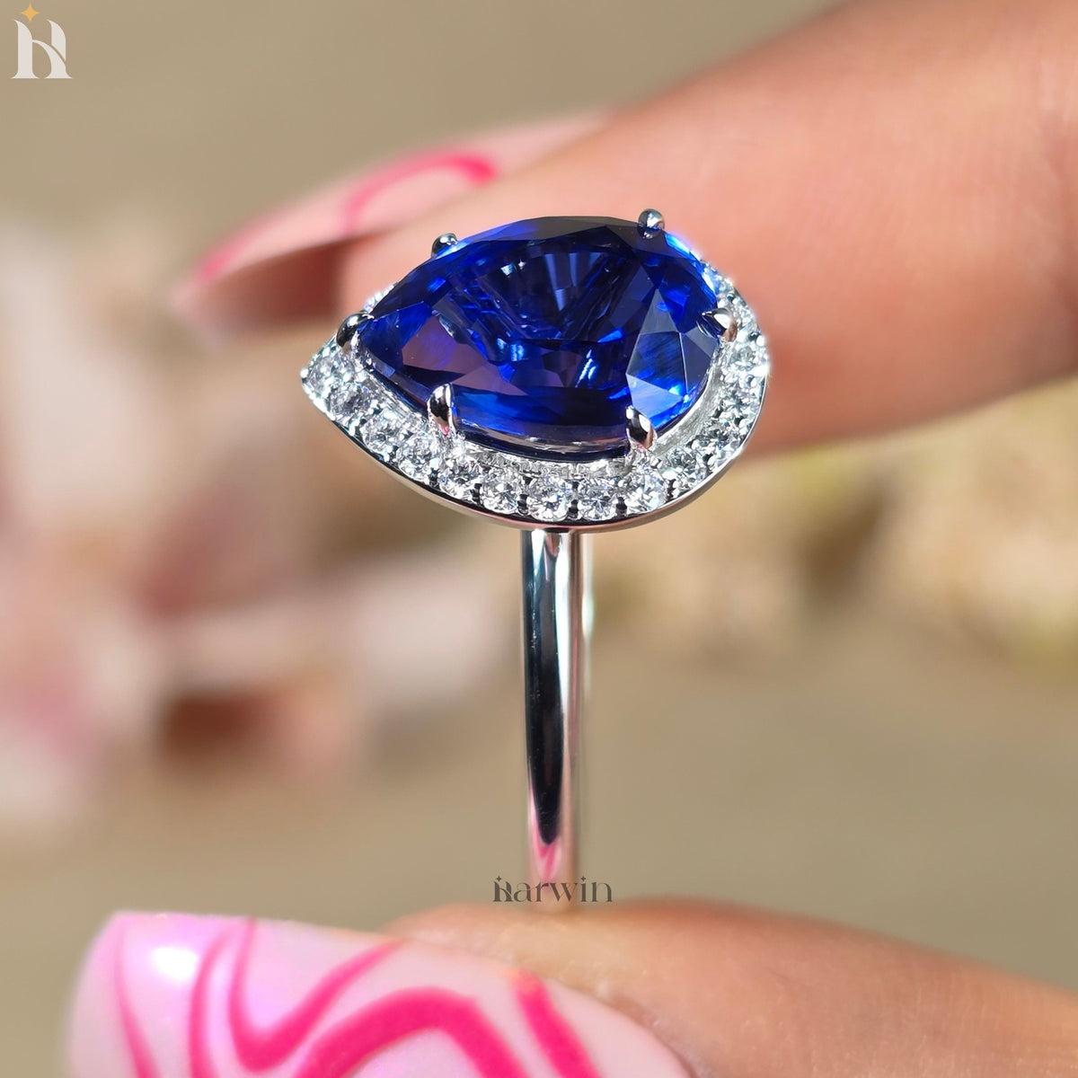 3CT Pear Lab Grown Blue Gemstone Engagement Ring, Halo Setting 14k White Gold Ring