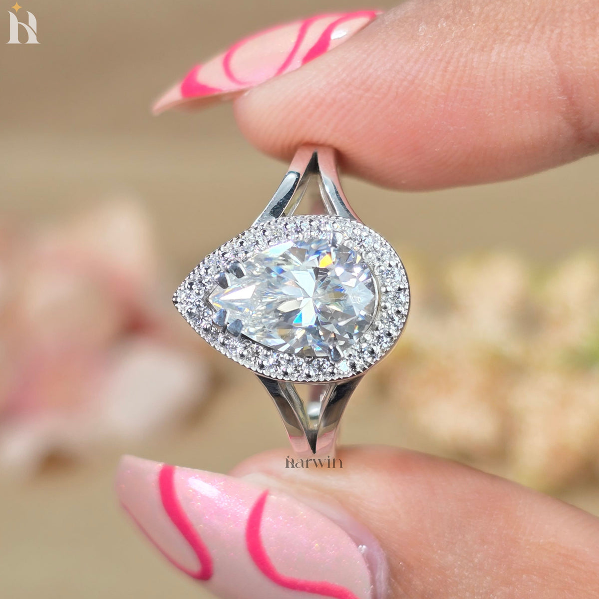 Pear Cut Moissanite Halo Ring, Split Shank Bridal Jewelry, Engagement, Anniversary Gift, Statement Ring, Modern Designer, Daily Wear