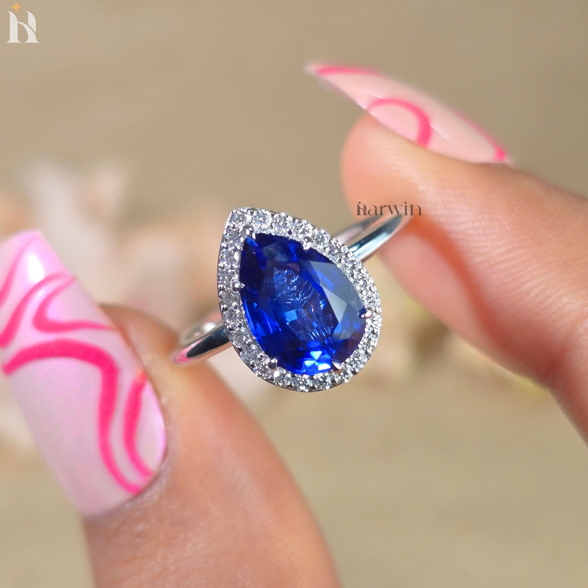 3CT Pear Lab Grown Blue Gemstone Engagement Ring, Halo Setting 14k White Gold Ring