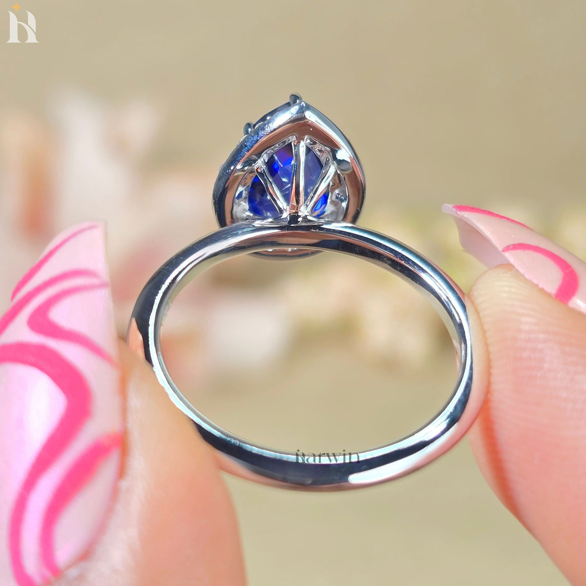 3CT Pear Lab Grown Blue Gemstone Engagement Ring, Halo Setting 14k White Gold Ring