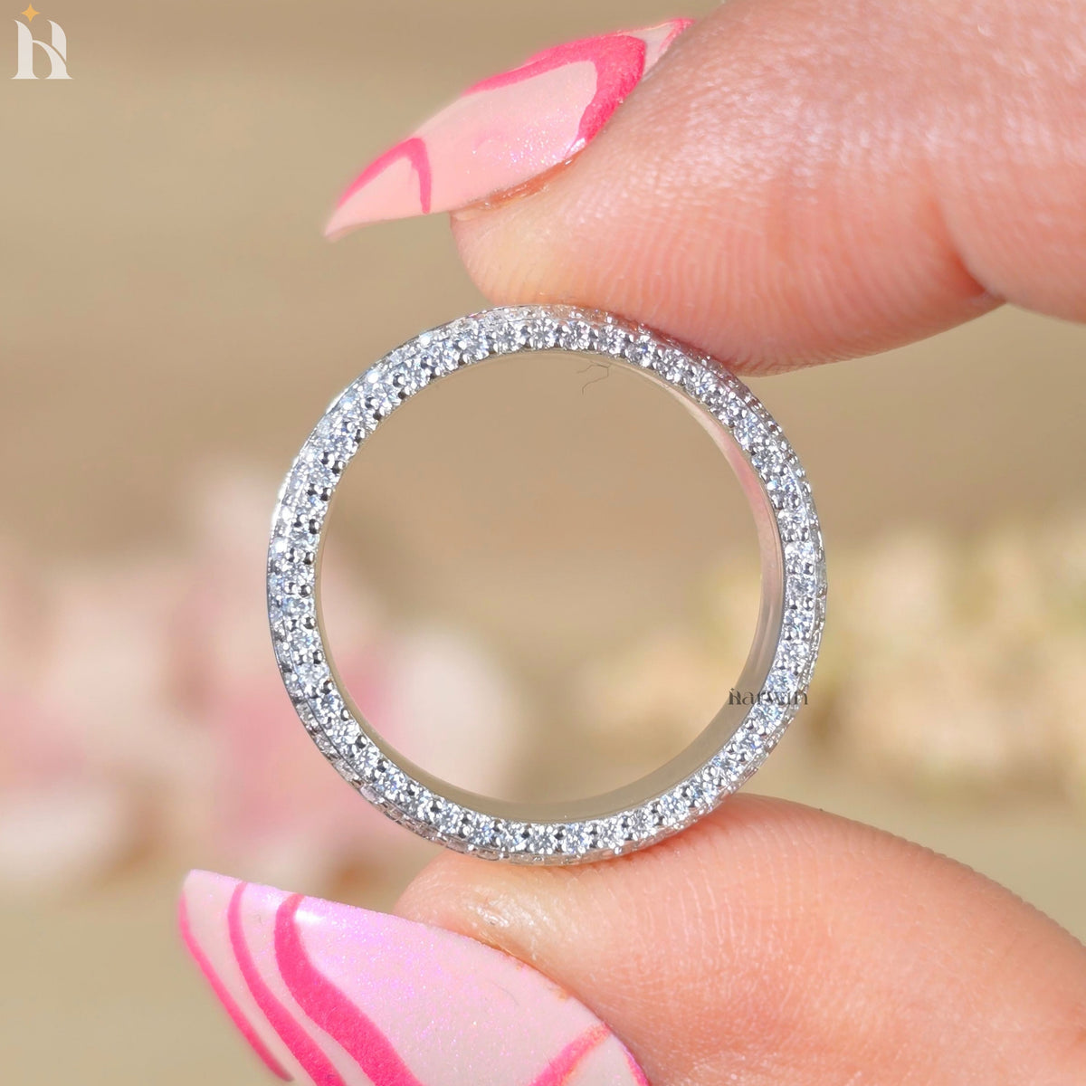 Men's Round Wedding Band Unisex Band Engagement Ring Two Sided Pave Diamond