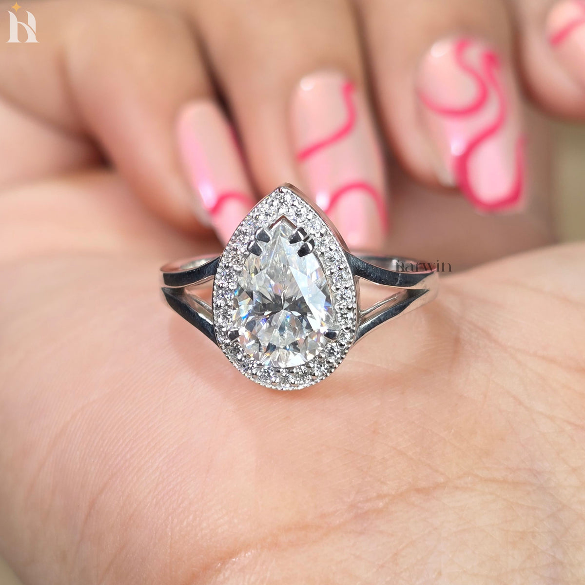 Pear Cut Moissanite Halo Ring, Split Shank Bridal Jewelry, Engagement, Anniversary Gift, Statement Ring, Modern Designer, Daily Wear