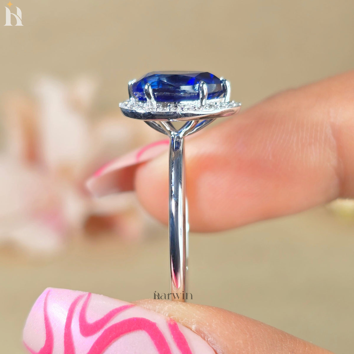 3CT Pear Lab Grown Blue Gemstone Engagement Ring, Halo Setting 14k White Gold Ring