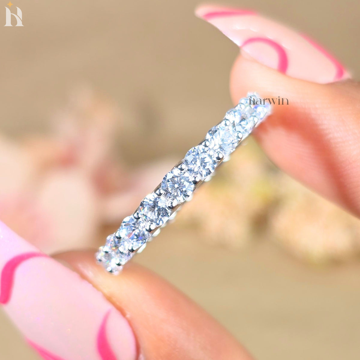 3MM Round Moissanite Prong Wedding Band, 14K White Gold Full Eternity Band