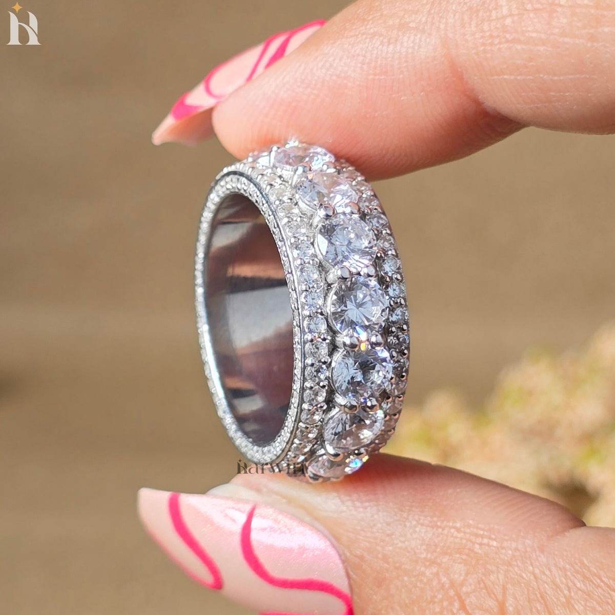 Round Cut Pave Eternity Band, Triple Row Diamond Ring, 4MM Moissanite Wedding Band