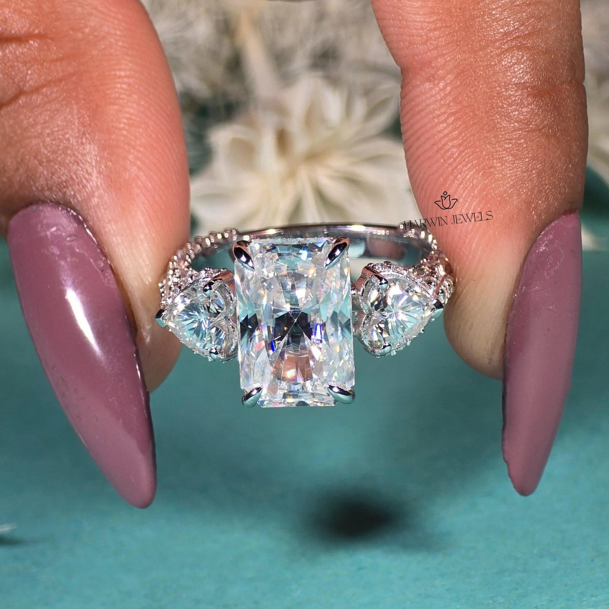 4.50 CT Radiant Cut Side Stone Heart Moissanite Three Stone Ring, Pave Setting Band