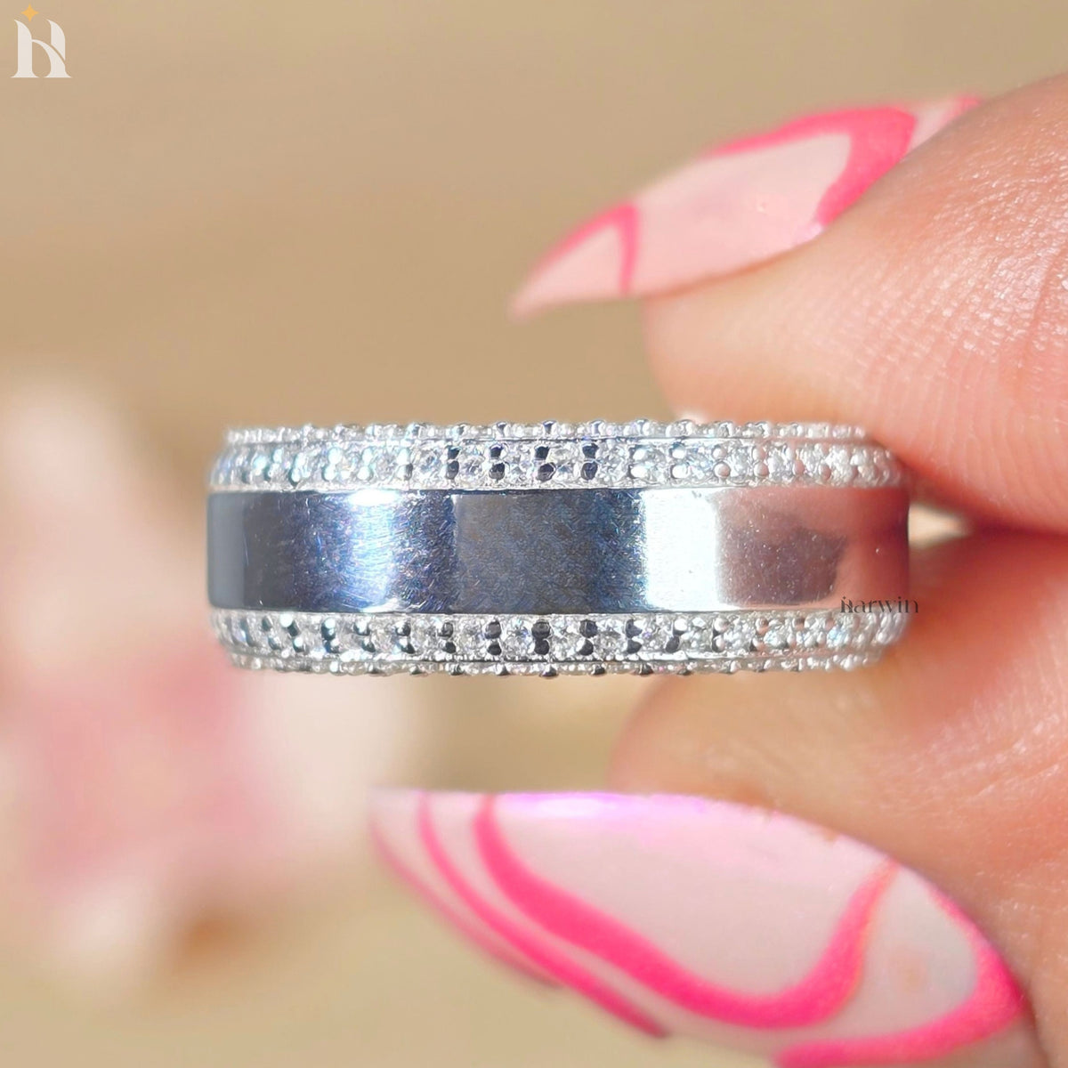 Men's Round Wedding Band Unisex Band Engagement Ring Two Sided Pave Diamond