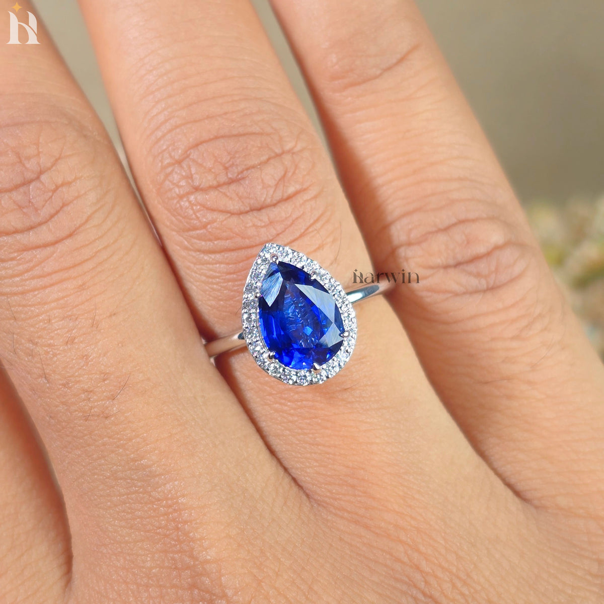 3CT Pear Lab Grown Blue Gemstone Engagement Ring, Halo Setting 14k White Gold Ring