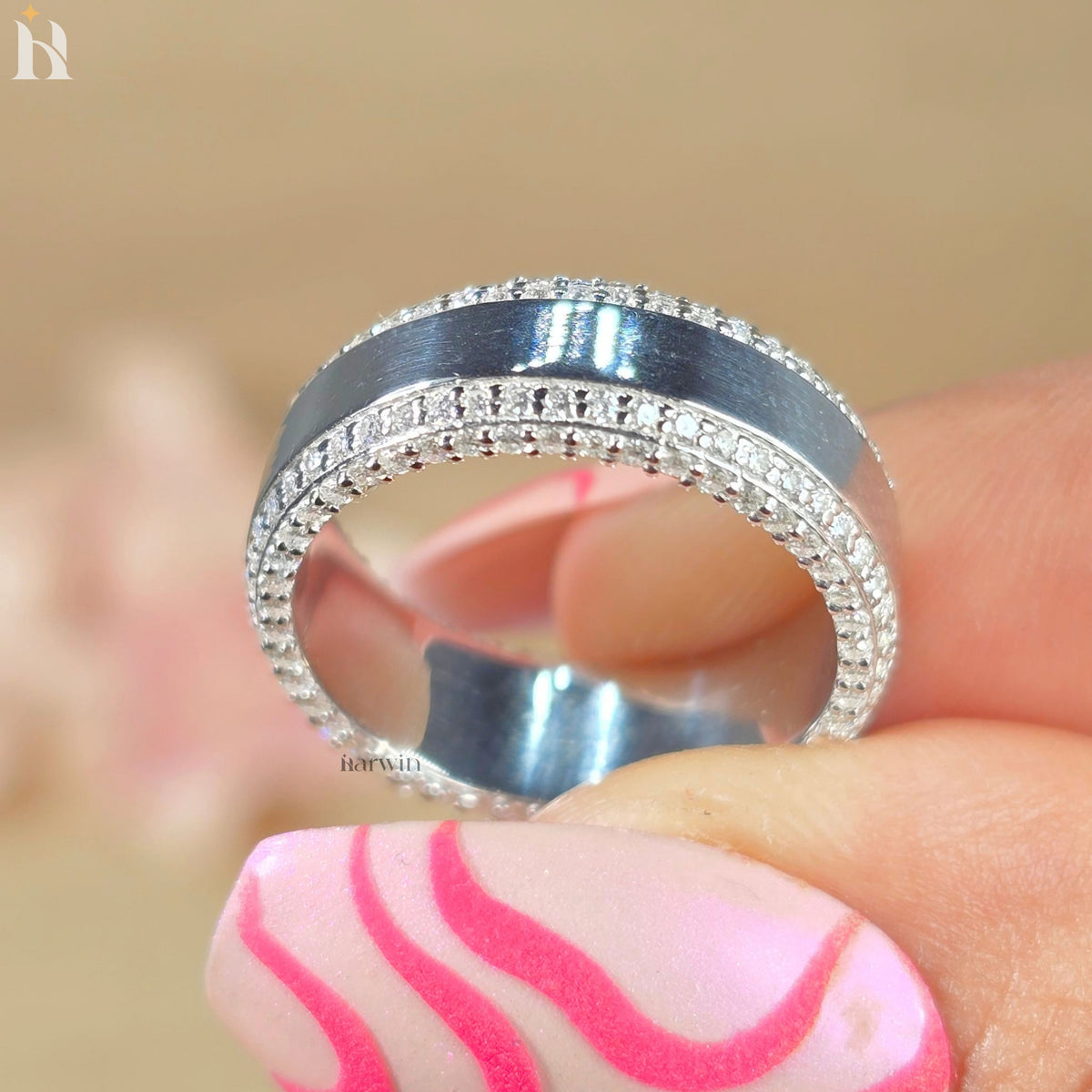 Men's Round Wedding Band Unisex Band Engagement Ring Two Sided Pave Diamond