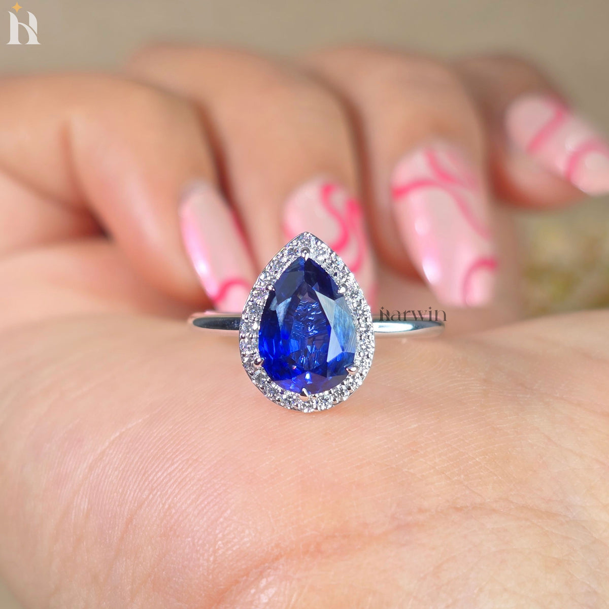 3CT Pear Lab Grown Blue Gemstone Engagement Ring, Halo Setting 14k White Gold Ring