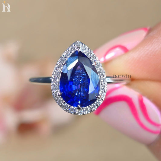 3CT Pear Lab Grown Blue Gemstone Engagement Ring, Halo Setting 14k White Gold Ring