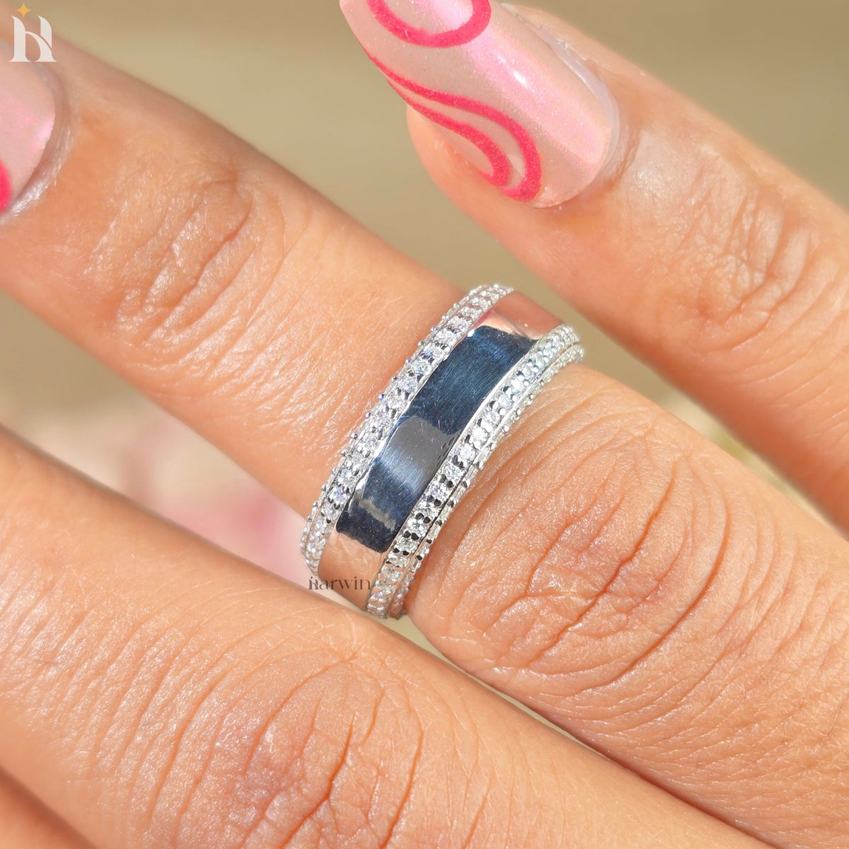 Men's Round Wedding Band Unisex Band Engagement Ring Two Sided Pave Diamond
