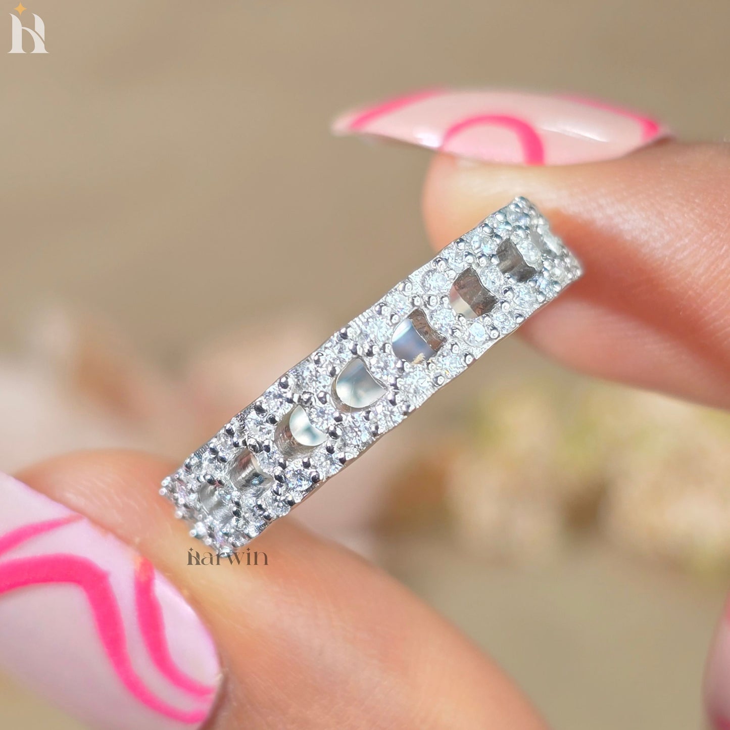 Round Cut Moissanite Wedding Band 14K Gold Ring, Half Eternity Diamond Band