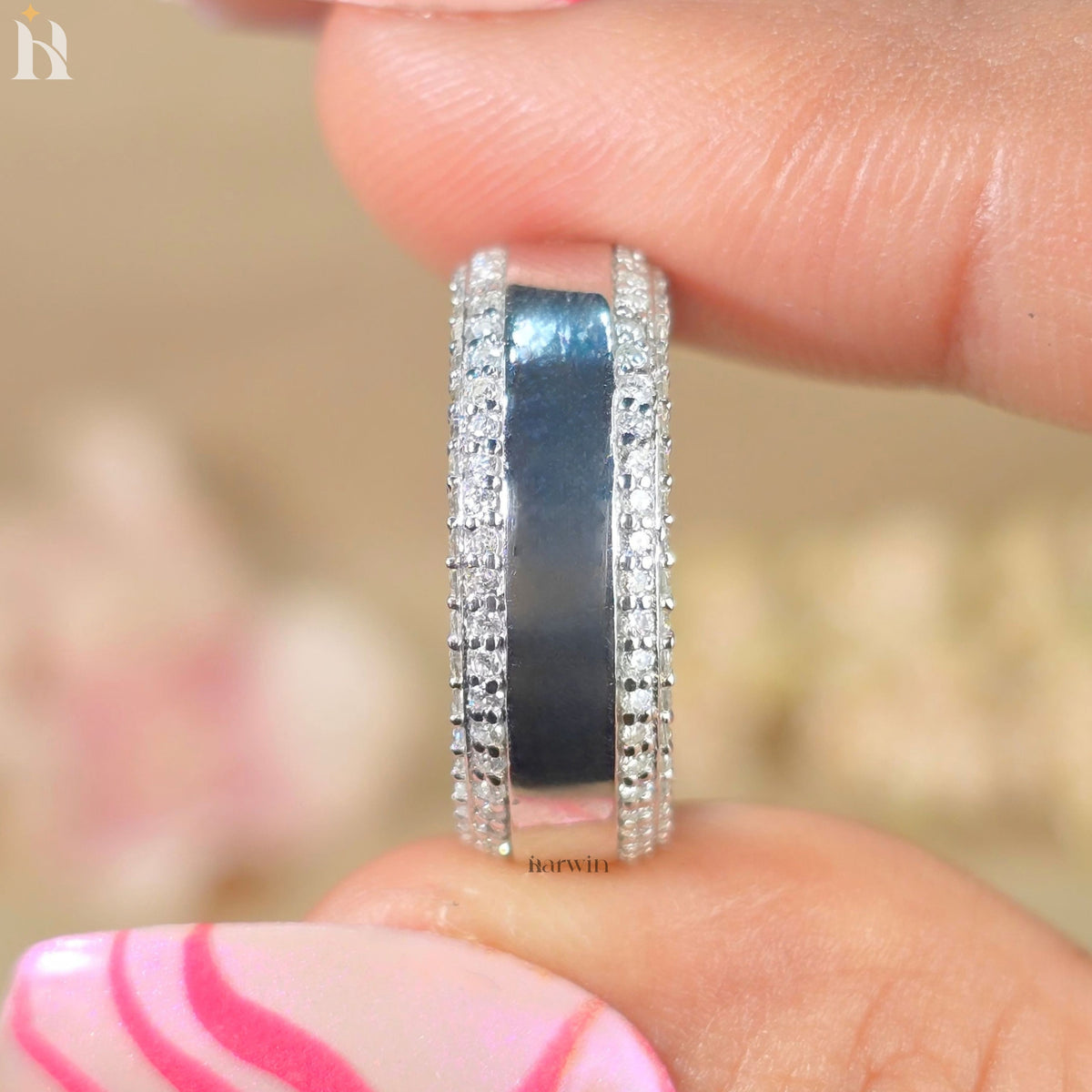 Men's Round Wedding Band Unisex Band Engagement Ring Two Sided Pave Diamond