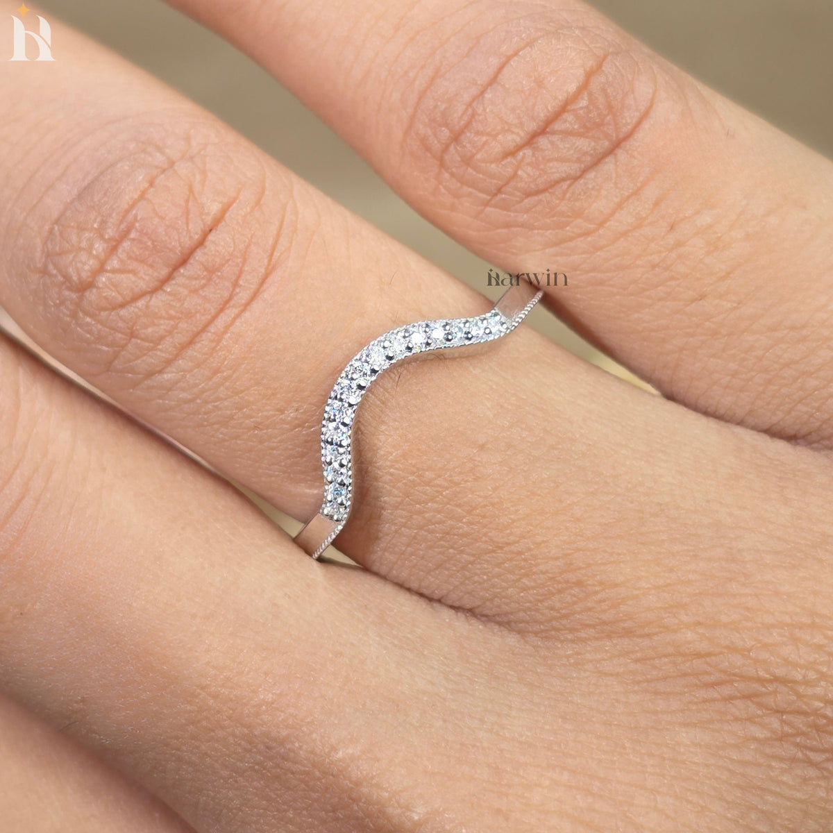 Round Moissanite U Shape Pave Wedding Band, 14K White Gold Curved Stacking Ring