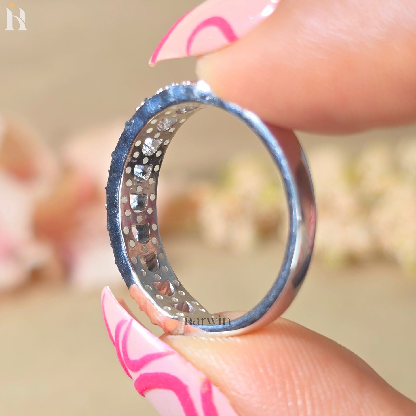 Round Cut Moissanite Wedding Band 14K Gold Ring, Half Eternity Diamond Band