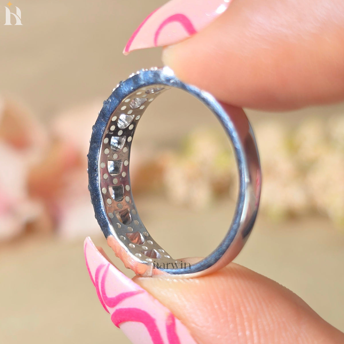 Round Cut Moissanite Wedding Band 14K Gold Ring, Half Eternity Diamond Band