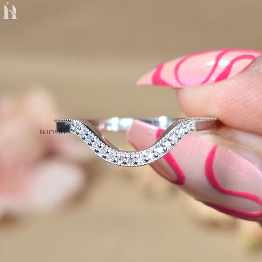 Round Moissanite U Shape Pave Wedding Band, 14K White Gold Curved Stacking Ring
