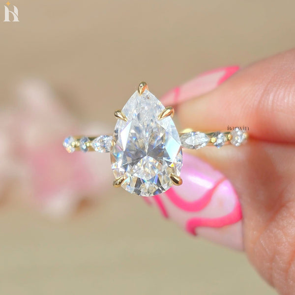 Pear Cut Engagement Ring, Dainty Moissanite Half Pave Ring, Anniversary Gifts For Her