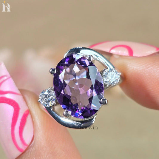 Natural Amethyst Oval Ring | Sterling Silver Halo Gemstone Jewelry