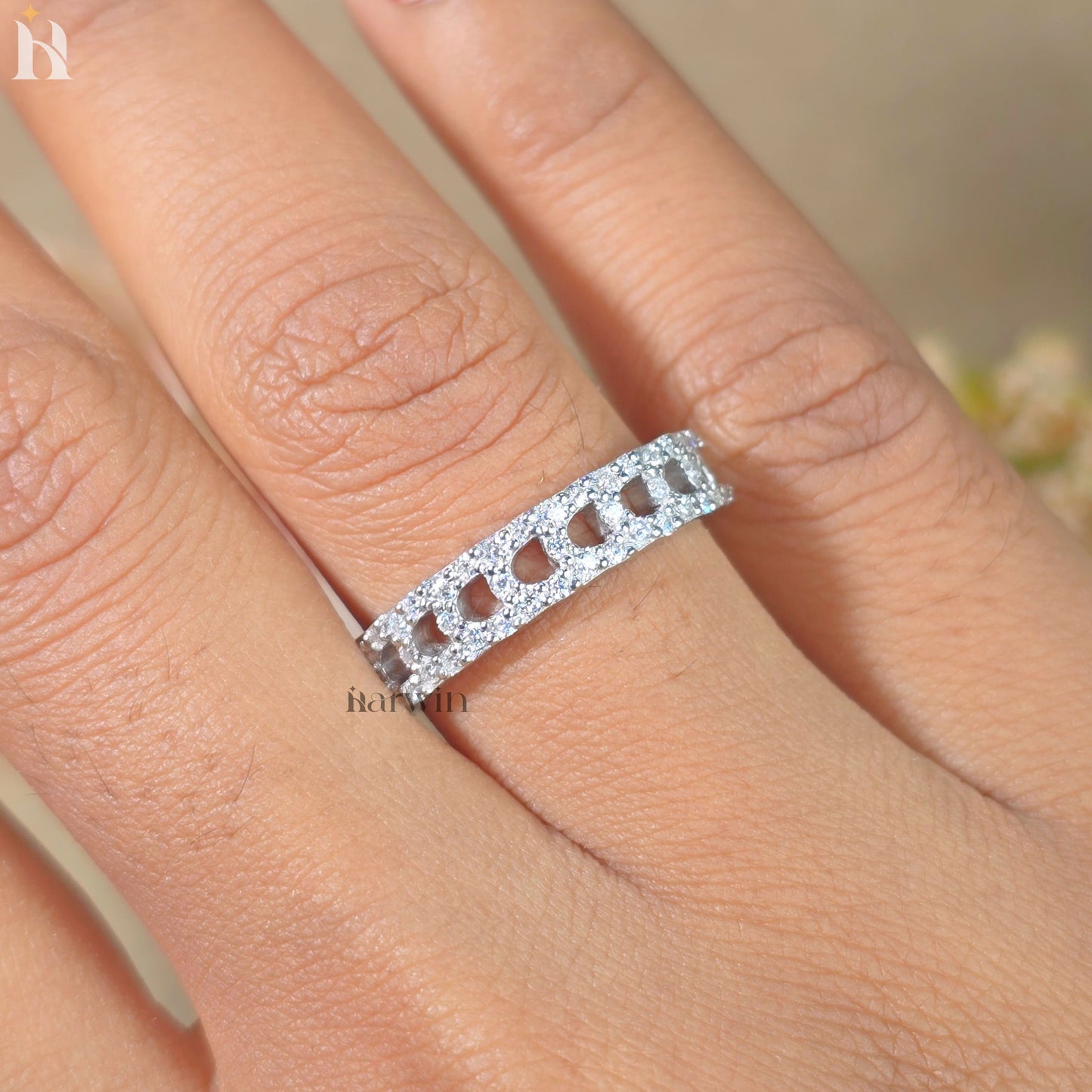 Round Cut Moissanite Wedding Band 14K Gold Ring, Half Eternity Diamond Band