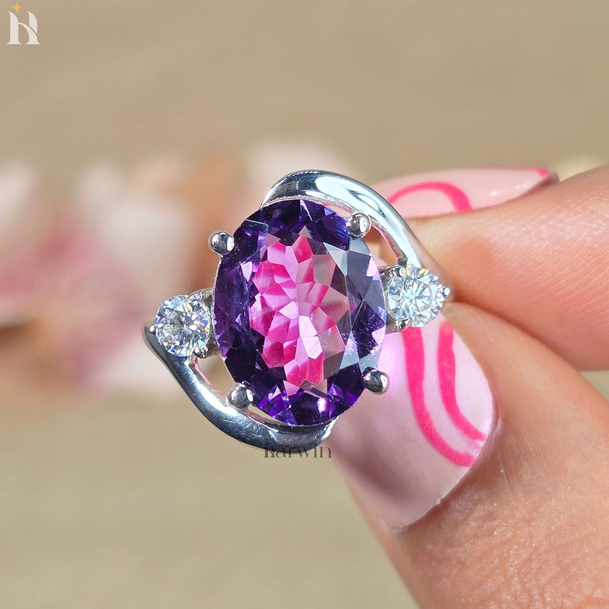 Natural Amethyst Oval Ring | Sterling Silver Halo Gemstone Jewelry