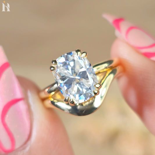 3.50 CT Antique Cushion Cut Moissanite Bridal Set With Thick Curved Gold Band