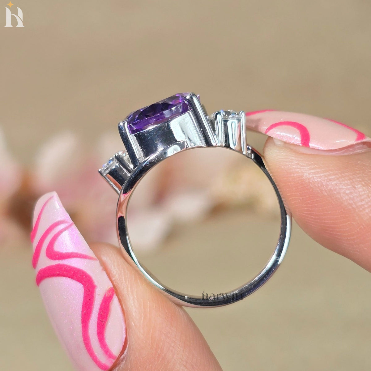 Natural Amethyst Oval Ring | Sterling Silver Halo Gemstone Jewelry