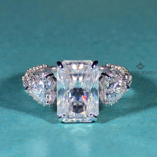 4.50 CT Radiant Cut Side Stone Heart Moissanite Three Stone Ring, Pave Setting Band