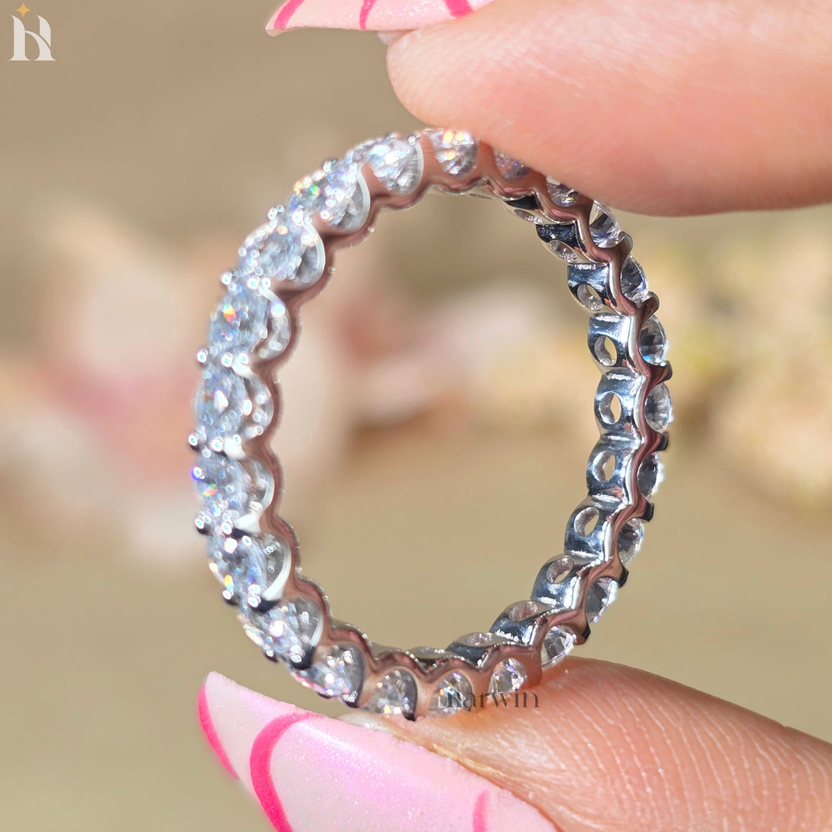 3MM Round Moissanite Prong Wedding Band, 14K White Gold Full Eternity Band