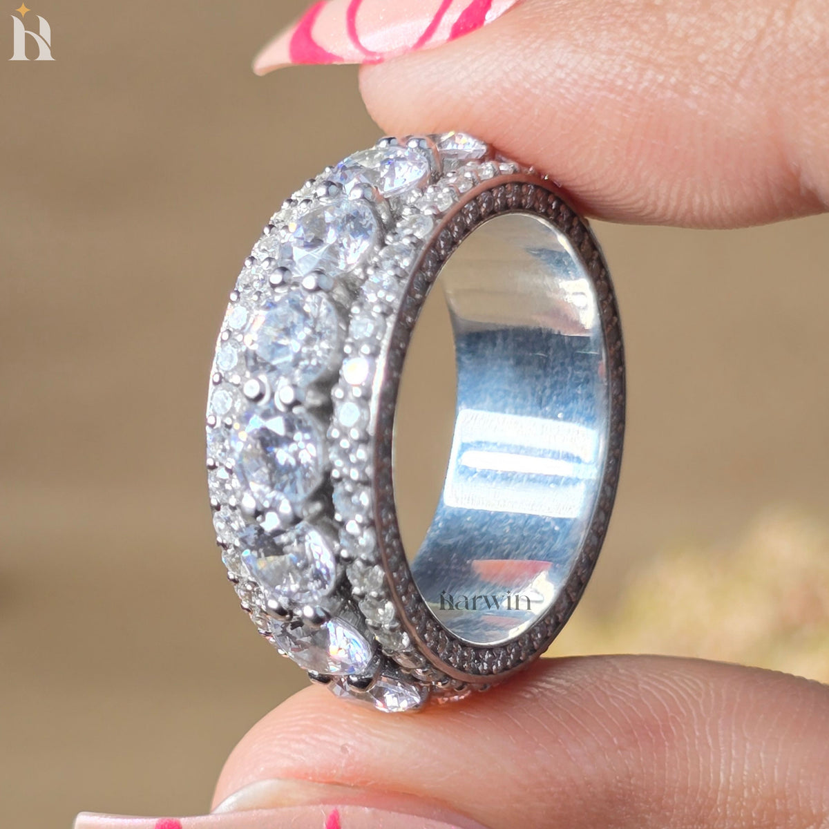 Round Cut Pave Eternity Band, Triple Row Diamond Ring, 4MM Moissanite Wedding Band